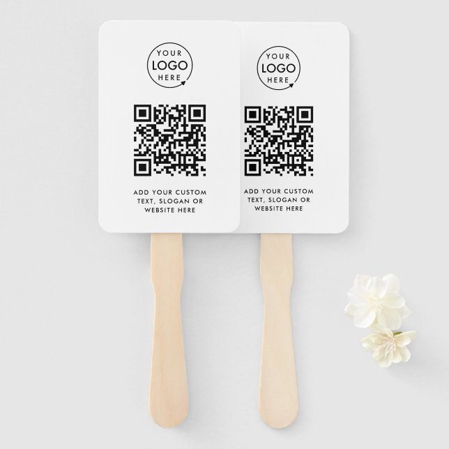 QR Code | Business Logo Professional Simple White Hand Fan (Front and Back)