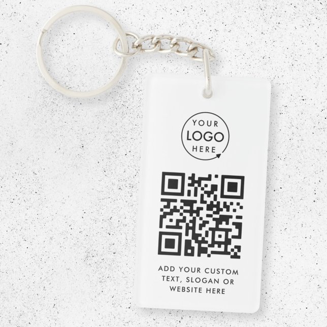 QR Code | Business Logo Professional Simple White Keychain (Versatile editable keychain template with interactive QR code & your company logo.)
