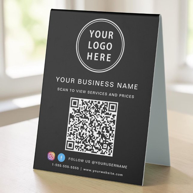QR Code Business Logo Social Media Black Table Tent (Business Logo QR Code Social Media Black Table Tent)