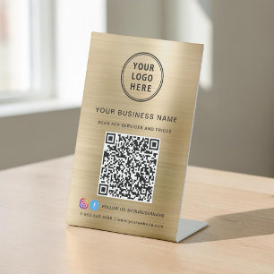 QR Code Business Logo Social Media Gold Pedestal Sign
