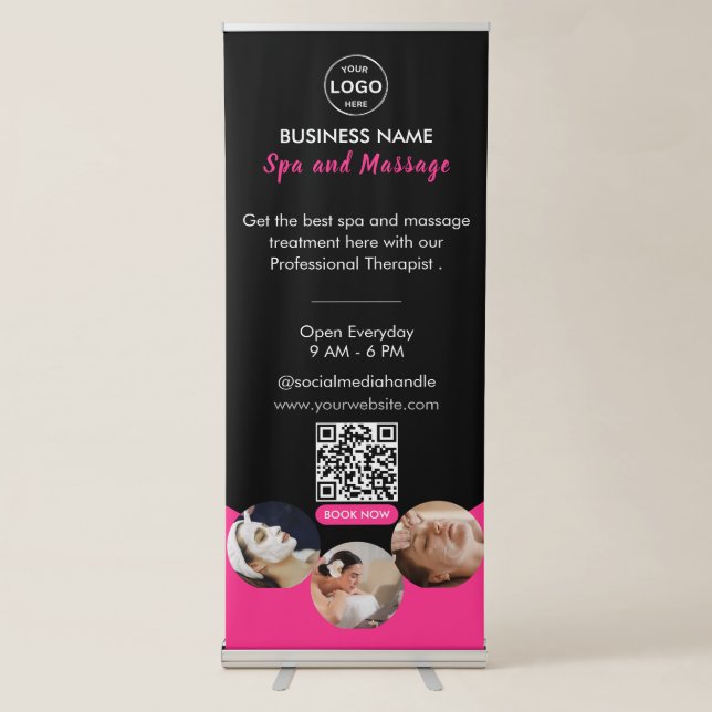 Qr code Business Logo Spa Beauty Salon Pink Retractable Banner (Front)