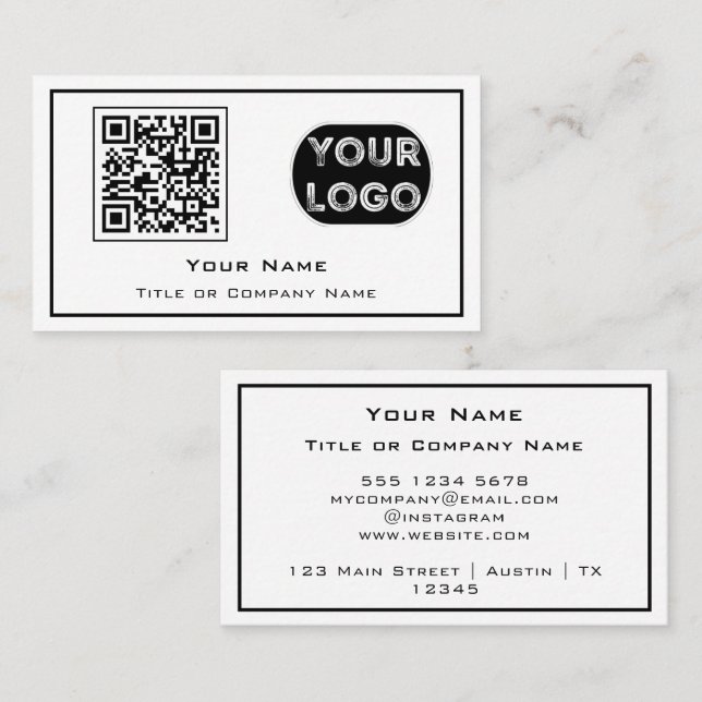 QR Code Business Logo White Minimalist Business Card (Front/Back)