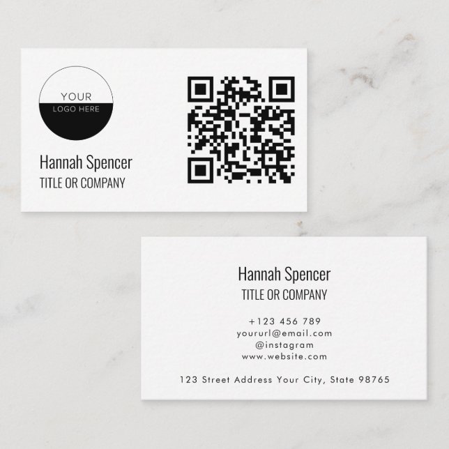 QR Code Business Logo |White Modern Professional  Card (Front/Back)