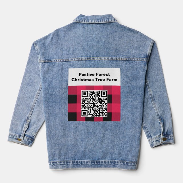 QR Code Business Name Buffalo Check Rustic Plaid Denim Jacket (Back)