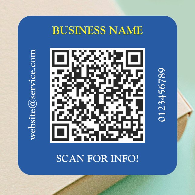 QR Code Business Name Website Promo Deep Blue Vs 2 Square Sticker (Creator Uploaded)