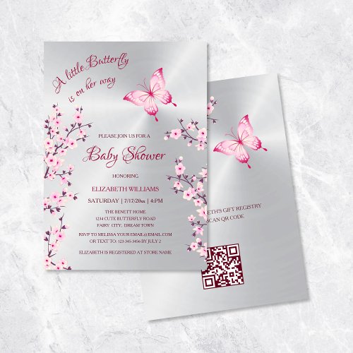 QR Code  Butterfly Silver  Girl Baby Shower  Invitation