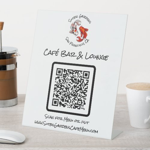 QR Code Cafe Menu Yin Yang Koi Fish Business Logo Pedestal Sign