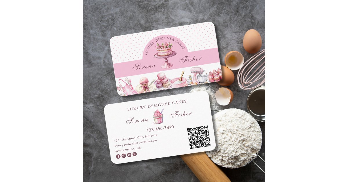 QR Code Cake Baker Polka Dot Chic Pink Business Card | Zazzle