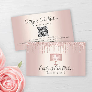 QR Code Cake Bakery Rose Gold Glitter Drips Pastry Business Card