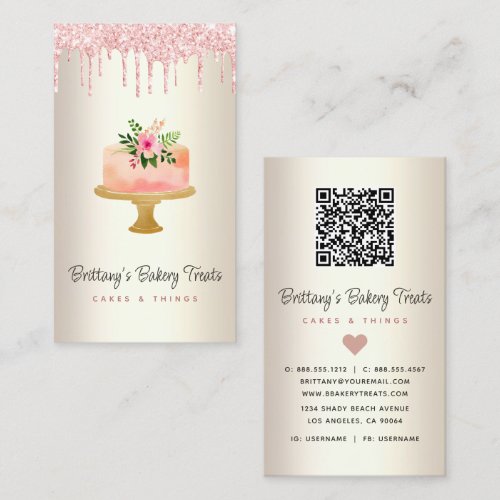 QR Code Cake Blush Pink Glitter Drips Gold Bakery Business Card