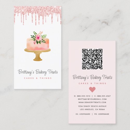 QR Code Cake Blush Pink Glitter Drips Pastry Chef Business Card