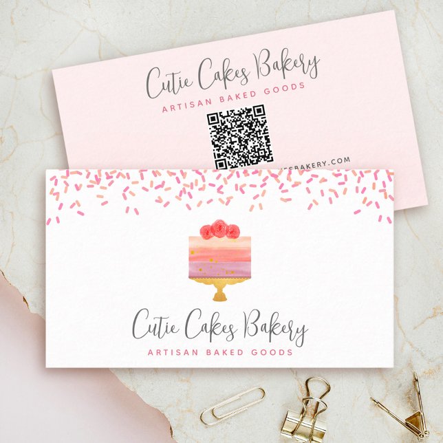 QR Code Cake Pink Ombre Sprinkles Pastry Chef Chic Business Card (Creator Uploaded)