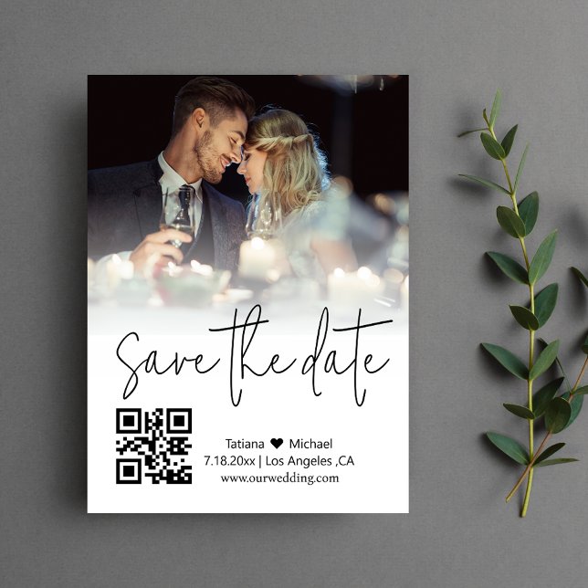 qr code calligraphy couple photo save the date  note card (Creator Uploaded)
