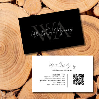 QR Code Calligraphy Script Black White Monogram Business Card