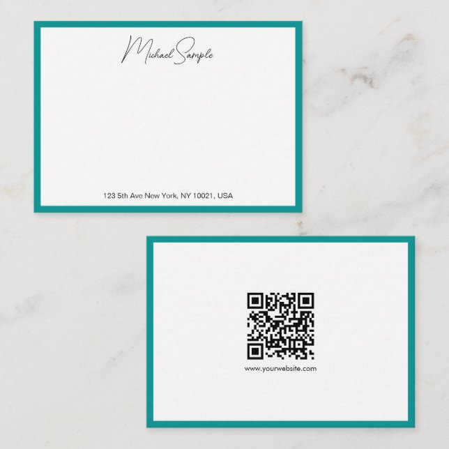 QR Code Calligraphy Script Name White And Teal Note Card (Front/Back)