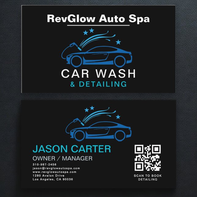 QR Code Car Wash & Detailing Blue Luxury Style Business Card (Creator Uploaded)