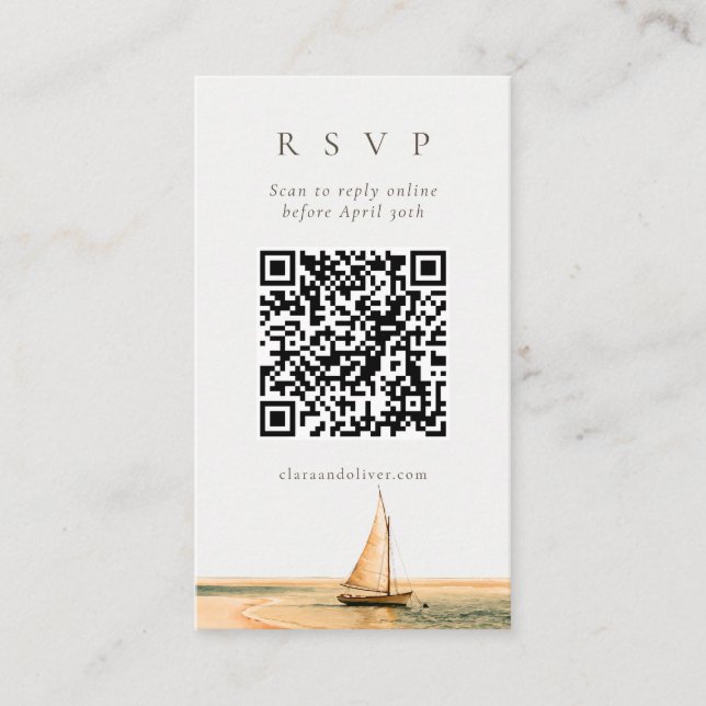 QR Code Caribbean Sand Script Wedding RSVP Card  (Front)