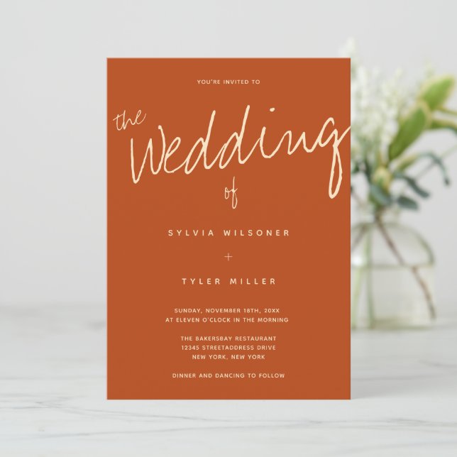 QR Code Casual Typography Burnt Orange Wedding Invitation (Standing Front)