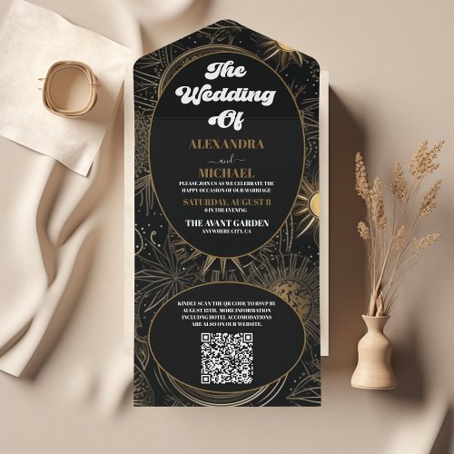 QR Code Celestial Black Gold Wedding All In One Invitation