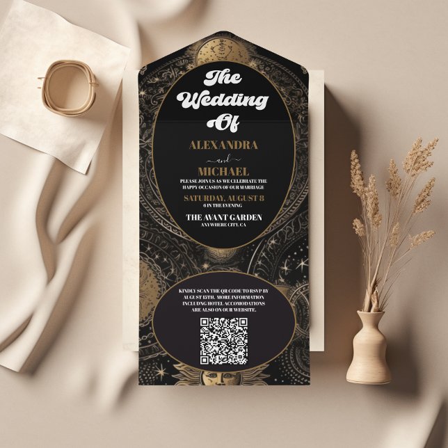 QR Code Celestial Black Gold Wedding All In One Invitation (Creator Uploaded)