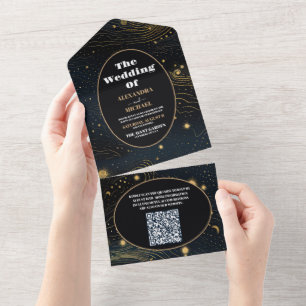 QR Code Celestial Crescent Moon Gold Wedding All In One Invitation