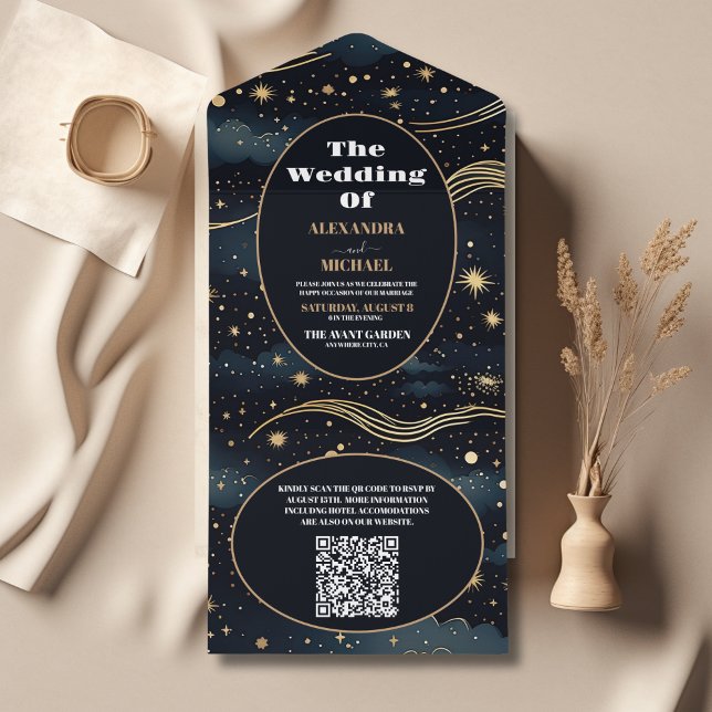 QR Code Celestial Midnight Blue Stars Moon Wedding All In One Invitation (Creator Uploaded)