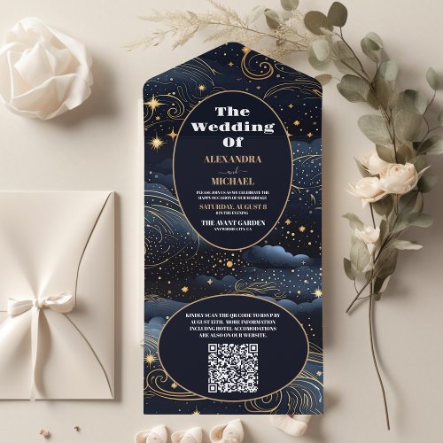 QR Code Celestial Midnight Blue Stars Moon Wedding All In One Invitation