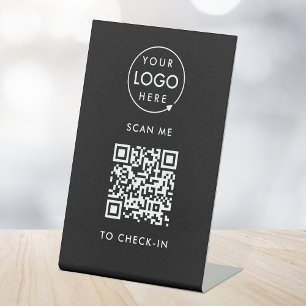 QR Code Check-In Black Business Logo Contactless Pedestal Sign