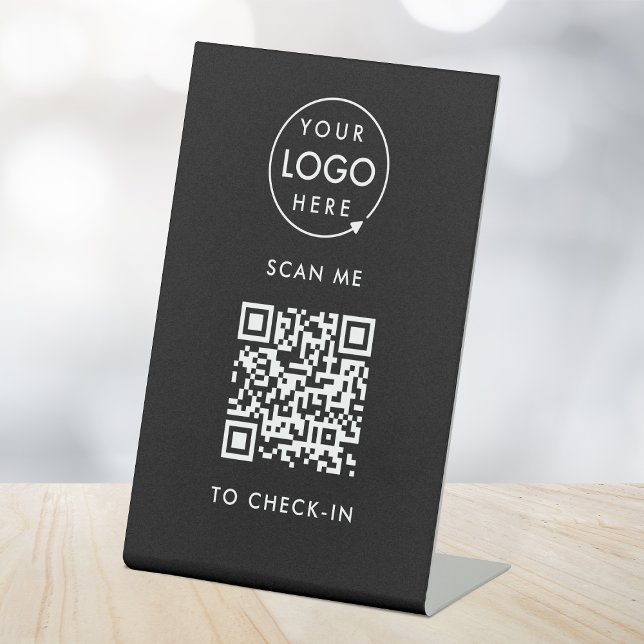 QR Code Check-In | Black Business Logo Contactless Pedestal Sign (Interactive QR code check-in signage with your business logo.)