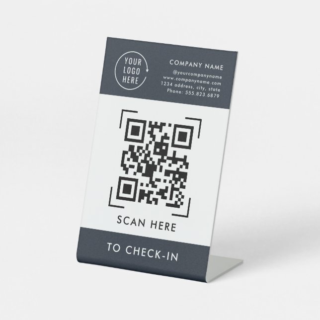 QR Code Check-In | Business Logo Contactless Pedestal Sign (Front)