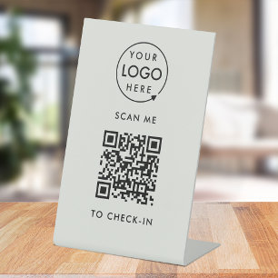 QR Code Check-In   Gray Business Logo Contactless Pedestal Sign
