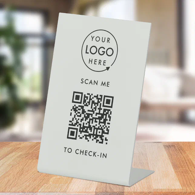 QR Code Check-In | Gray Business Logo Contactless Pedestal Sign | Zazzle