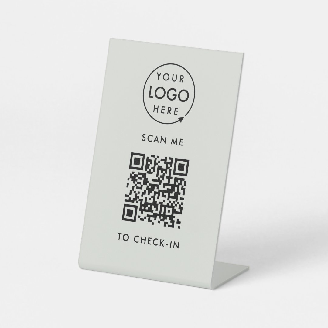 QR Code Check-In | Gray Business Logo Contactless Pedestal Sign | Zazzle