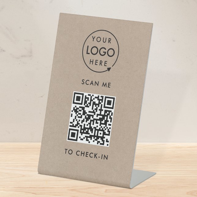 QR Code Check-In | Rustic Kraft Logo Contactless Pedestal Sign (Interactive QR code check-in signage with your business logo in rustic kraft.)