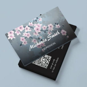 Qr Code   Cherry Blossom Dark Floral  Business Card