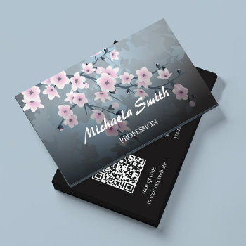 Qr Code | Cherry Blossom Dark Floral  Business Card by NinaBaydur at Zazzle