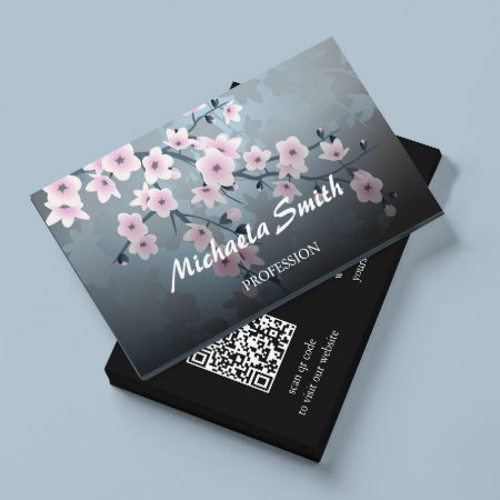 Qr Code | Cherry Blossom Dark Floral  Business Card