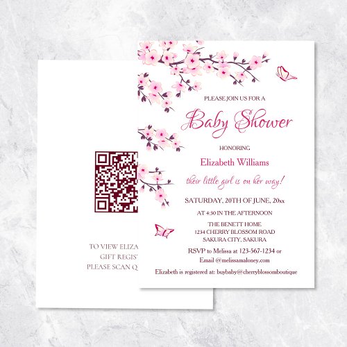 QR Code  Cherry Blossom  Girl Baby Shower Invitation