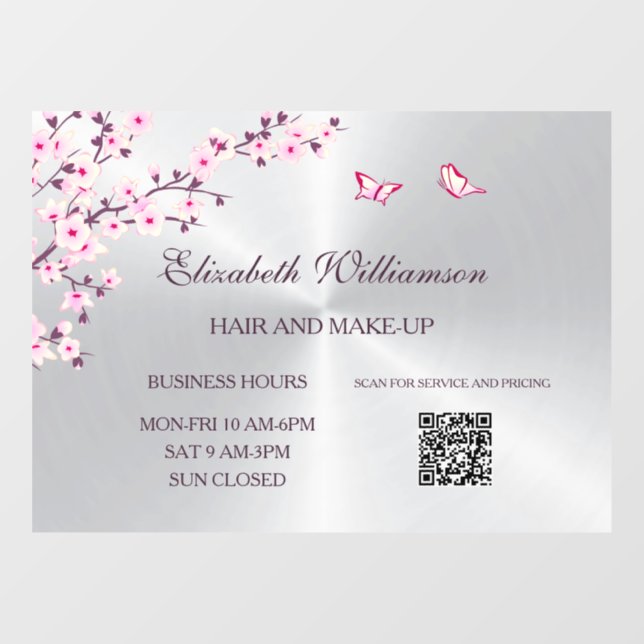 QR Code | Cherry Blossom Pink Silver Salon Window Cling (Sheet)