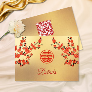 QR Code Cherry Blossom Red Gold Chinese Wedding Enclosure Card