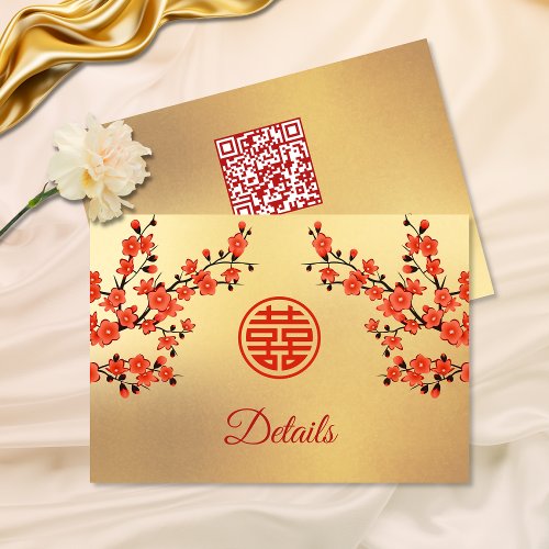 QR Code  Cherry Blossom Red Gold Chinese Wedding Enclosure Card