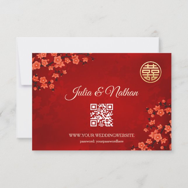 QR Code | Cherry Blossom Red RSVP Chinese Wedding Card (Back)