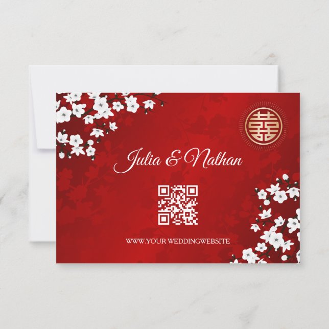QR Code | Cherry Blossom Red RSVP Chinese Wedding Invitation (Back)