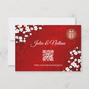 QR Code Cherry Blossom Red RSVP Chinese Wedding Invitation