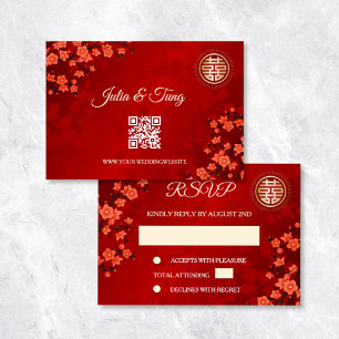QR Code Cherry Blossom Red RSVP Chinese Wedding Invitation