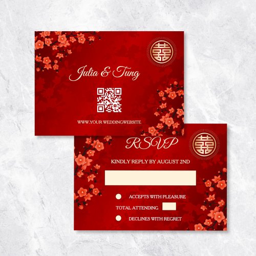 QR Code  Cherry Blossom Red RSVP Chinese Wedding Invitation