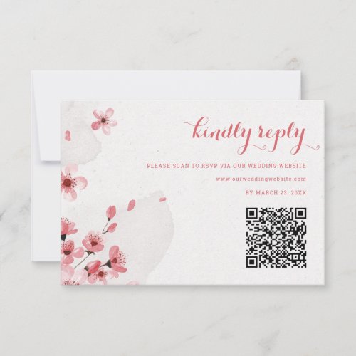 QR Code Cherry Blossom Wedding RSVP Card
