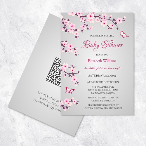 QR Code  Cherry Blossoms Baby Shower Pink Gray Invitation