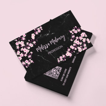 Qr Code | Cherry Blossoms Pink Black Marble Business Card by NinaBaydur at Zazzle