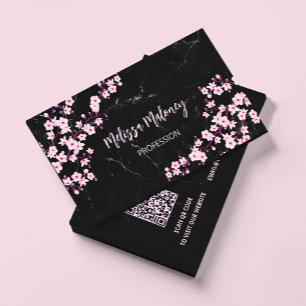 QR Code   Cherry Blossoms Pink Black Marble Business Card